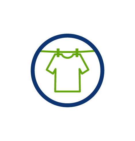 干衣服在晾衣绳图标,室内节水、绿色衬衫,蓝色圆圈,透明的png
