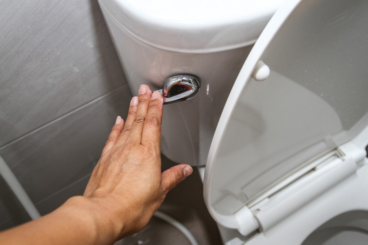 一个女人在浴室里用手按着白色的抽水马桶或冲马桶;Adobe股票:153952177”class=